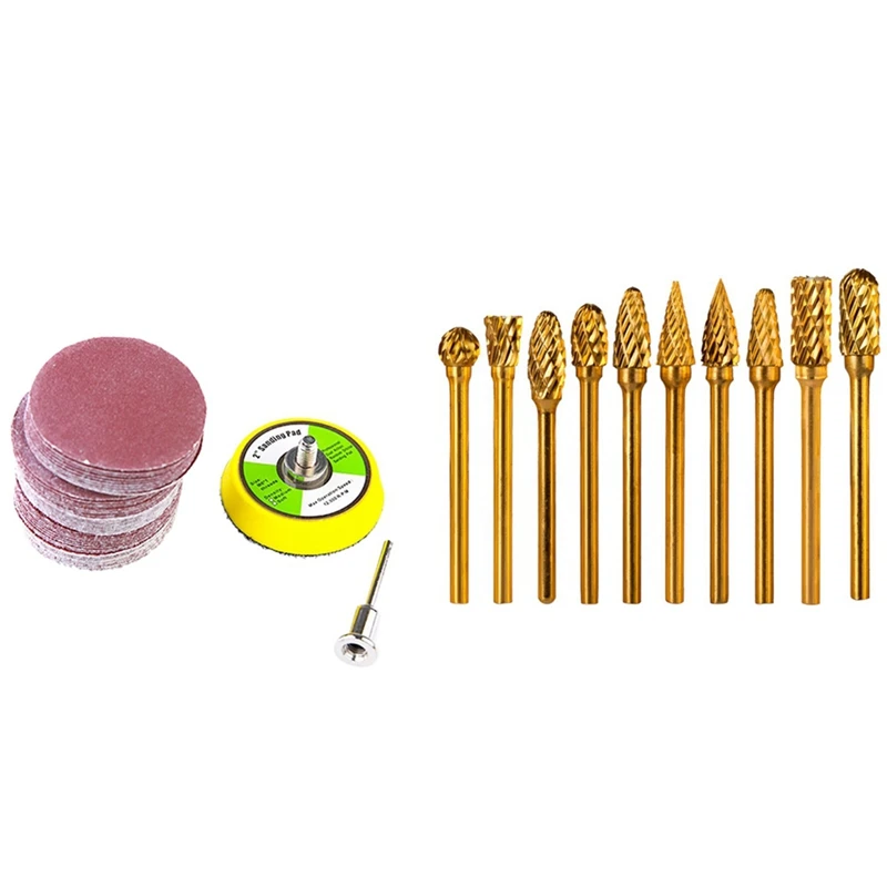 

1 Set Double Cut Titanium Carbide Rotary Burr Set & 50 Pcs 2 Inch Sanding Disc 60-180 Grit Hook And Loop