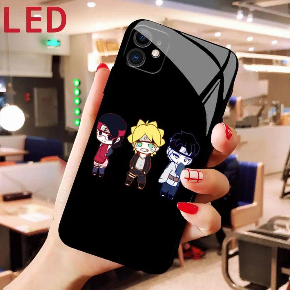 

Boruto Cartoon LED Luminous Call Light Flash Glass phone Case For IPhone 13 12 11 Pro Max Mini X XS Max 8Plus cover