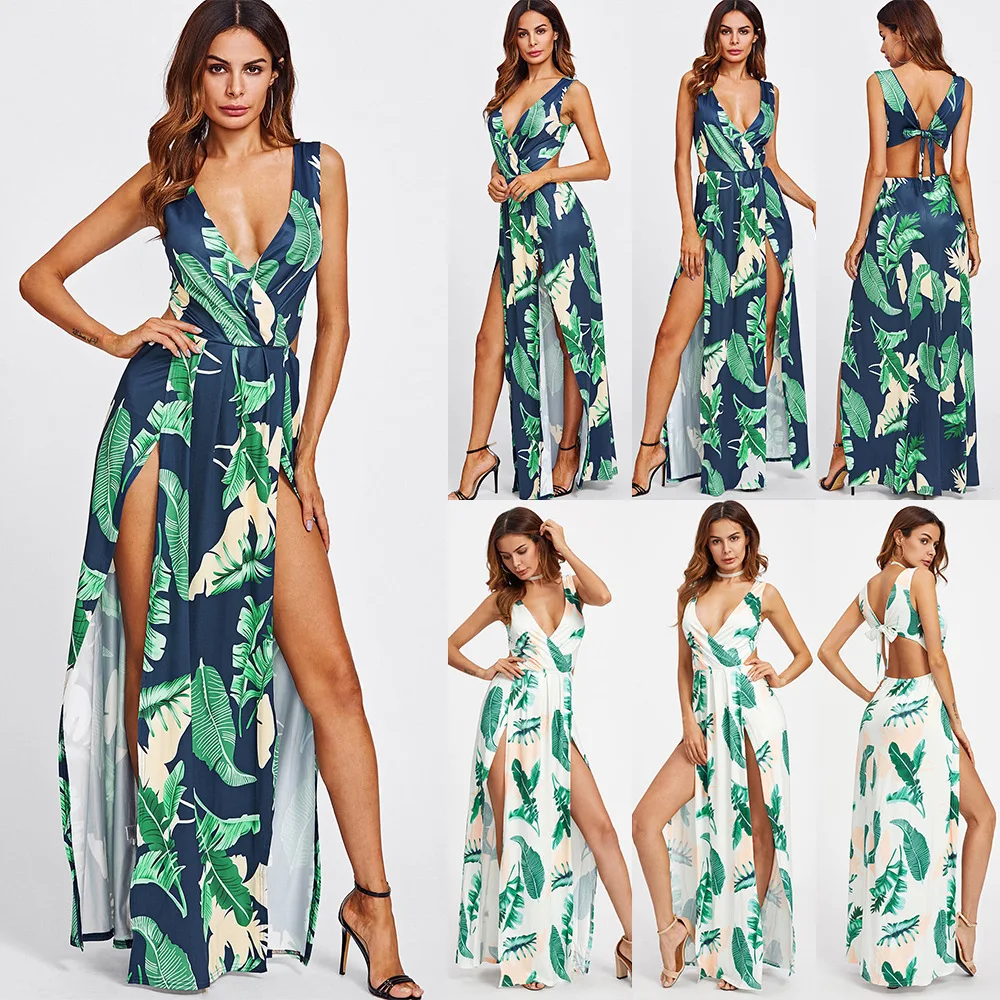 

Sexy European and American print split backless deep V one-piece dress