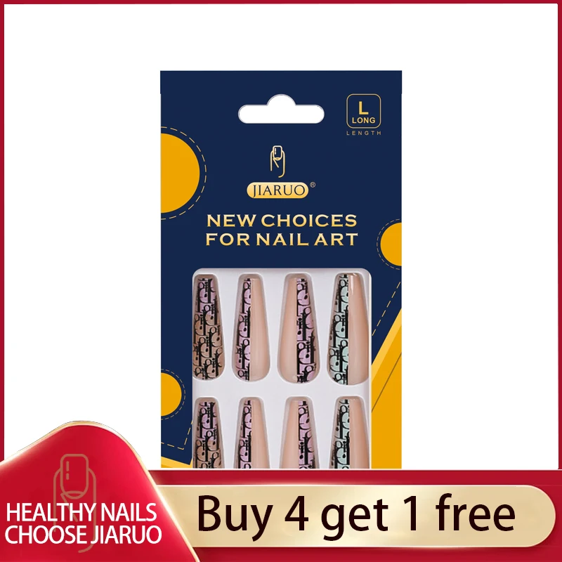

JIARUO Press on Nail Art Long Fake Nails Coffin Tip for Extension Patches Leopard Print Ballet False Acrylic Coffin with Designs