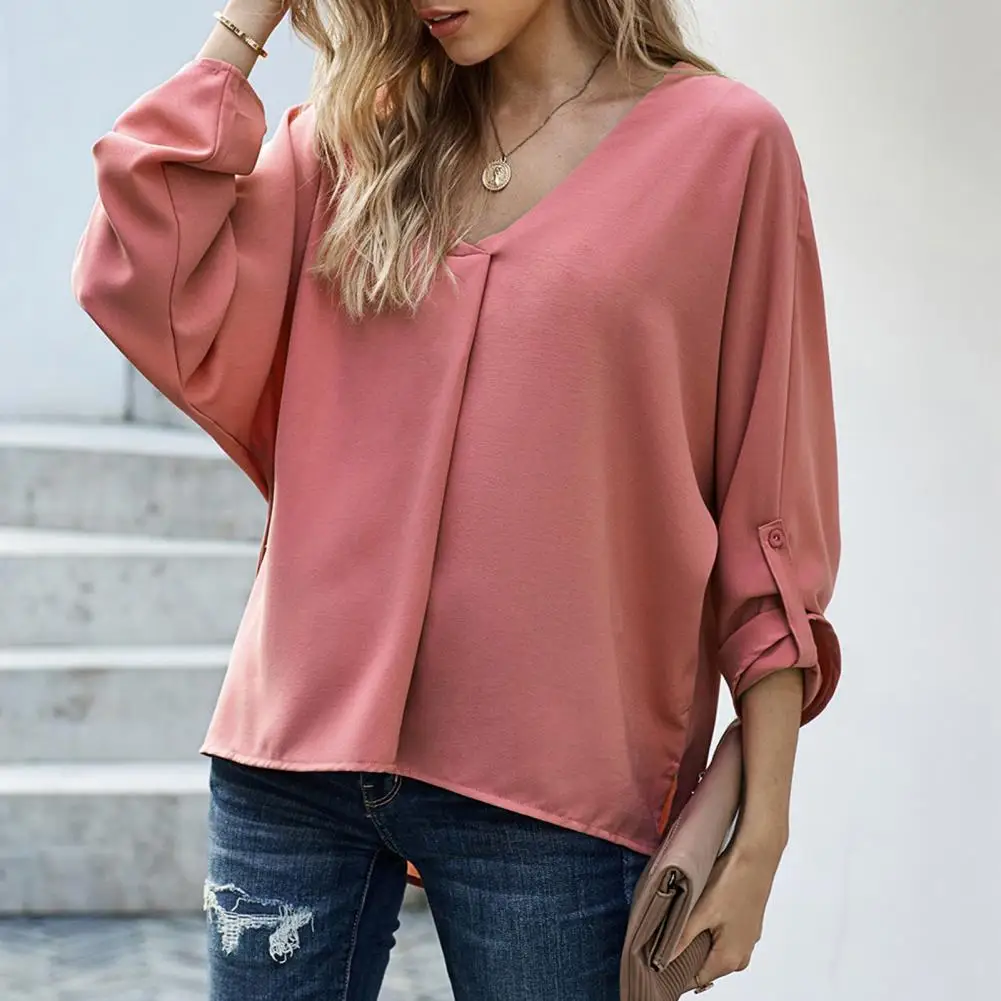 

Lady Summer Shirt V-neck Women Autumn Shirt Pure Color Women Fall Top