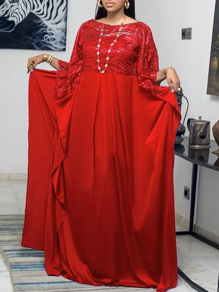 

VONDA Autumn Elegant Satin Dress Women 3/4 Bat Sleeve O Neck Lace Maxi Sundress 2022 Casual Loose Solid Party Vestido Silk Robe