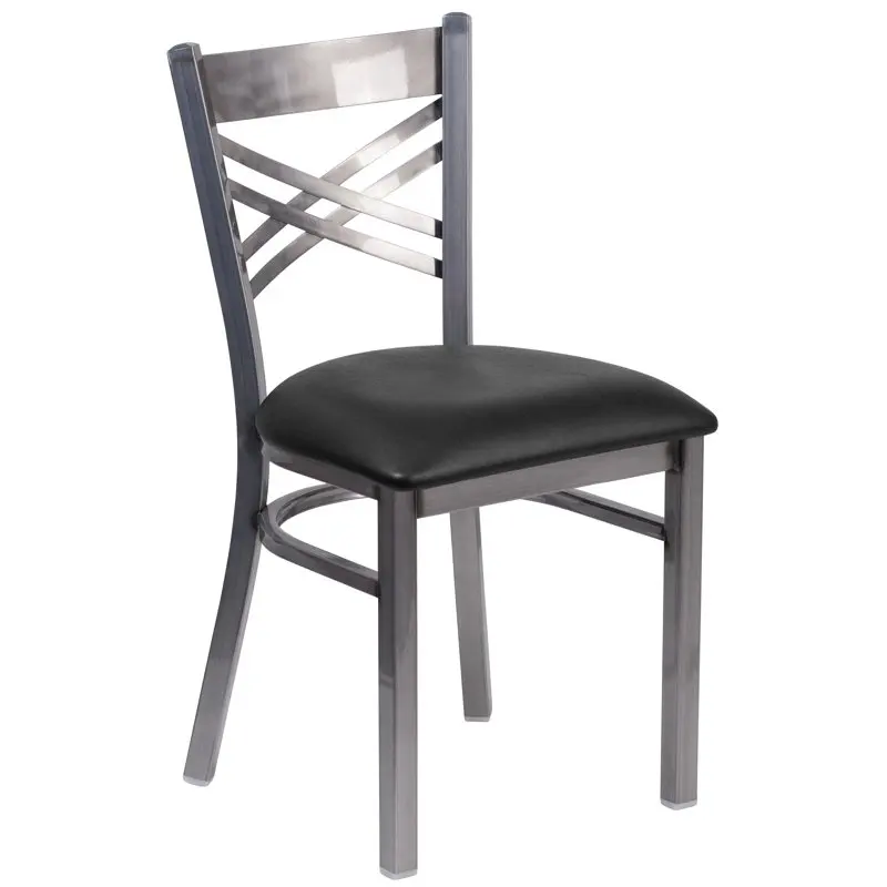 

HERCULES Series Clear Coated ''X'' Back Metal Restaurant Chair - Black Vinyl