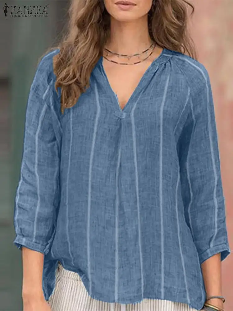 

ZANZEA Summer Striped Blouse Women V Neck 3/4 Sleeve Casual Shirt Female Holiday Blusas Chemise Bohemian Beach Tops Oversize