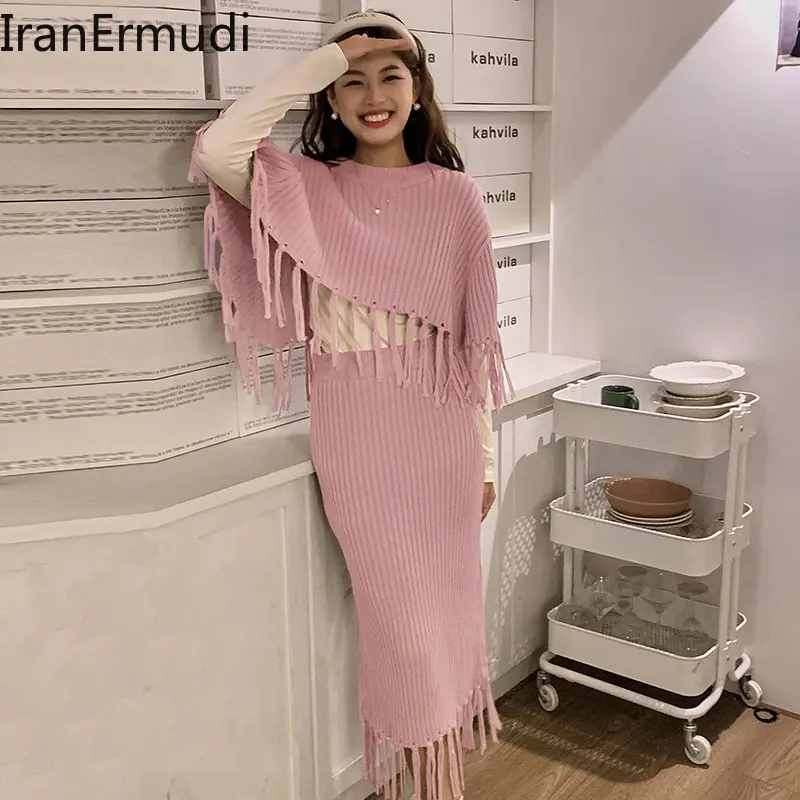 

IranErmudi Women Sweater Skirt Two Pieces Set Tassel Elegant Outfits 2022 French Style Fashion Suit Fall Winter Warm 2pieces Set