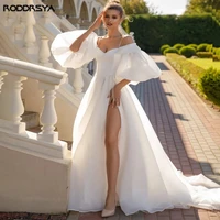 organza puff sleeves wedding dresses a line split vestidos de noiva mariage backless sweep train wedding party gowns elegant