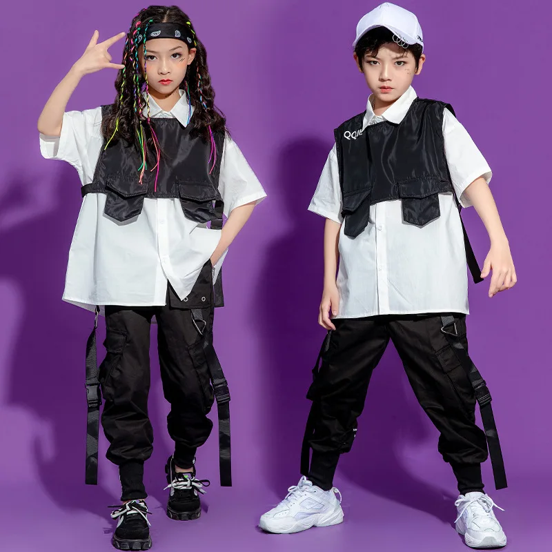 

Kid Hip Hop Clothing White Oversized T Shirt Top Sleeveless Jacket Streetwear Tactical Cargo Pants for Girls Boys Dance Costume