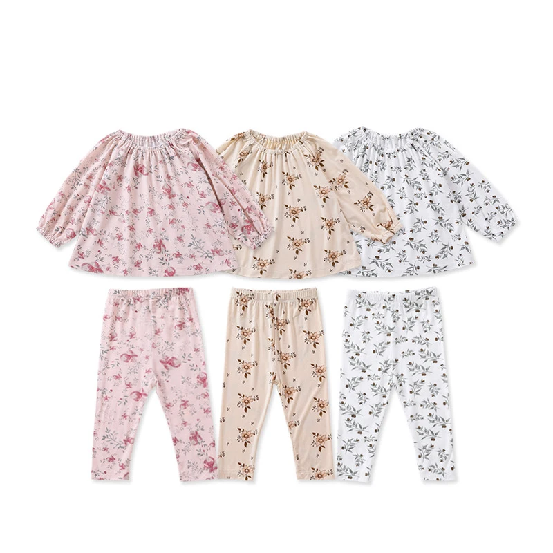 

Kids Sets 2022 New Atumn Brand Design Boys Girls Cute Long Sleeve Flower Print Sleepwear Homewear Clothes Suits
