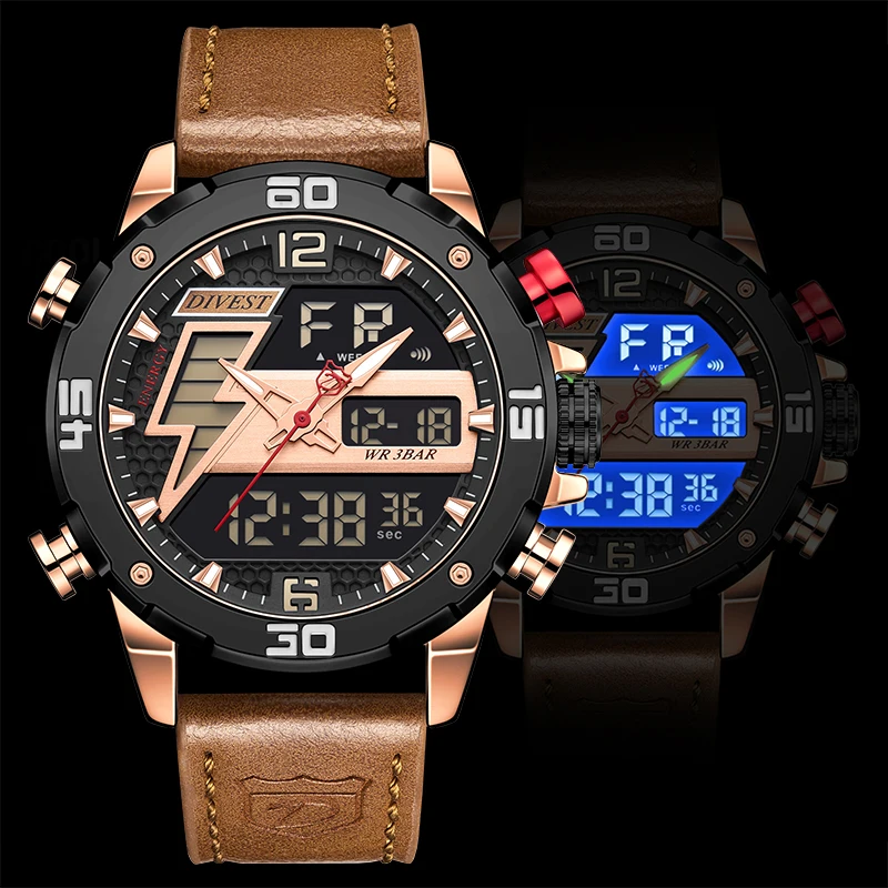 

DIVEST Luxury Brand Men Leather Waterproof Business Watch Fashion Sport Quartz Watches Men Dual Display Watch Relogio Masculino
