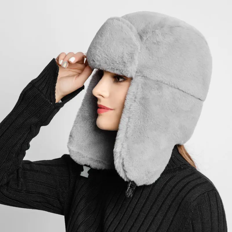 

2022 Trendy Ear-Flapped Lei Feng Cap Lady Winter Thicken Keep Warm Couple Fashion Earflap Cap Winter Women Faux Fur Russia Hat