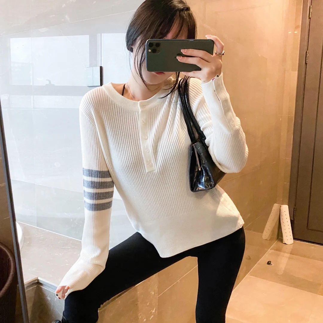 

tb college style shell button round neck bottoming shirt slim fit all-match sweater long-sleeved knitted pullover top