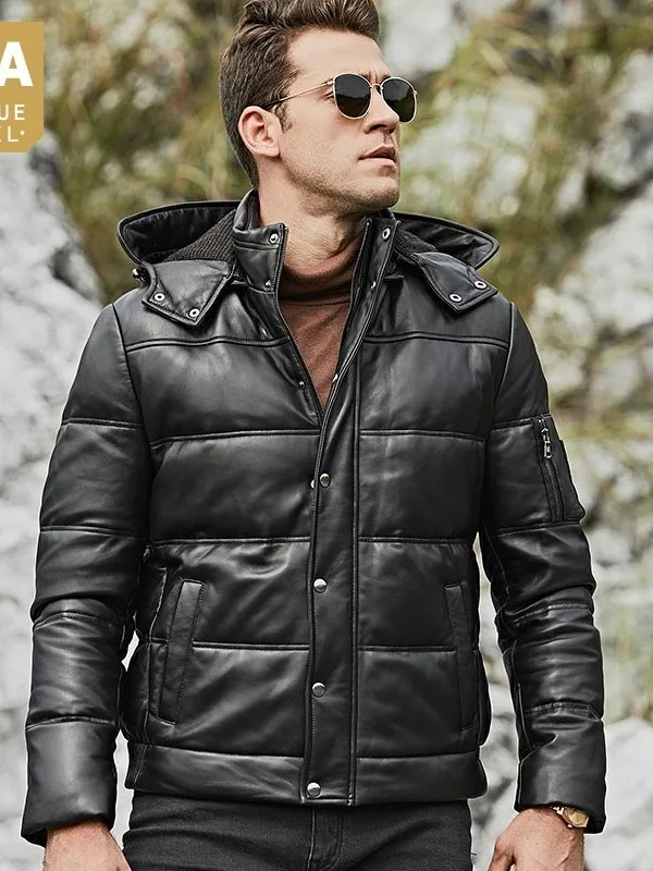 

Winter New Genuine Leather Autumn Mens Short Hodded Down Coats Casual Hat Detachable Thick Warm Male Outerwear Coats Plus Size
