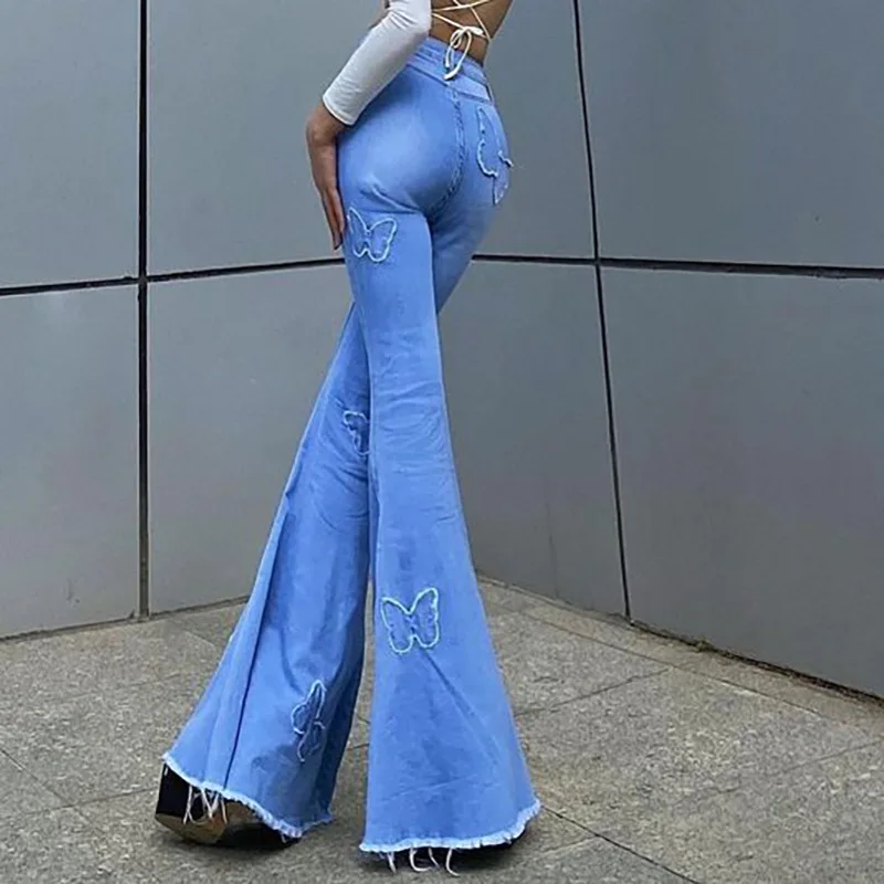

Женские брюки в уличном стиле, модные однотонные брюки-клеш из денима с принтом бабочки и высокой талией, повседневные брюки на бедрах, осень 2021