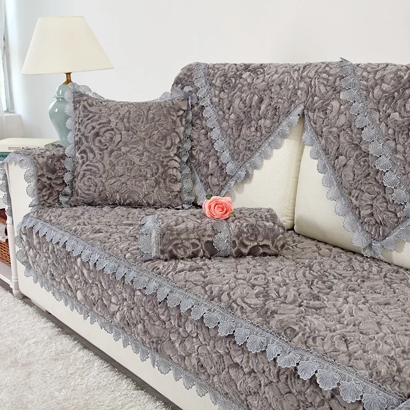 

Однотонный плюшевый коврик для дивана, в европейском стиле, машинная стирка, нескользящее кружевное полотенце для дивана, пылезащитный чехол для дивана, полное покрытие