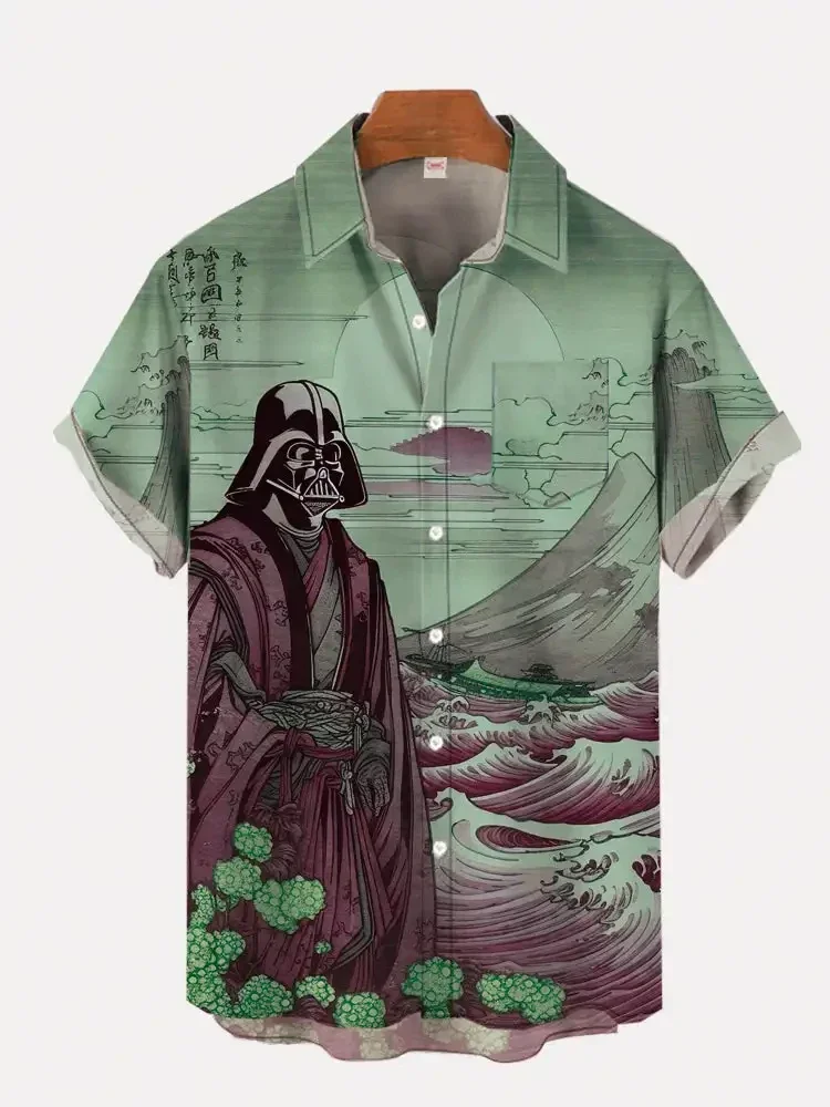 Casual Fashion Men's Summer Shirt Ukiyo-e Retro Masked Samurai Landscape Painting Digital Print Short Sleeve
