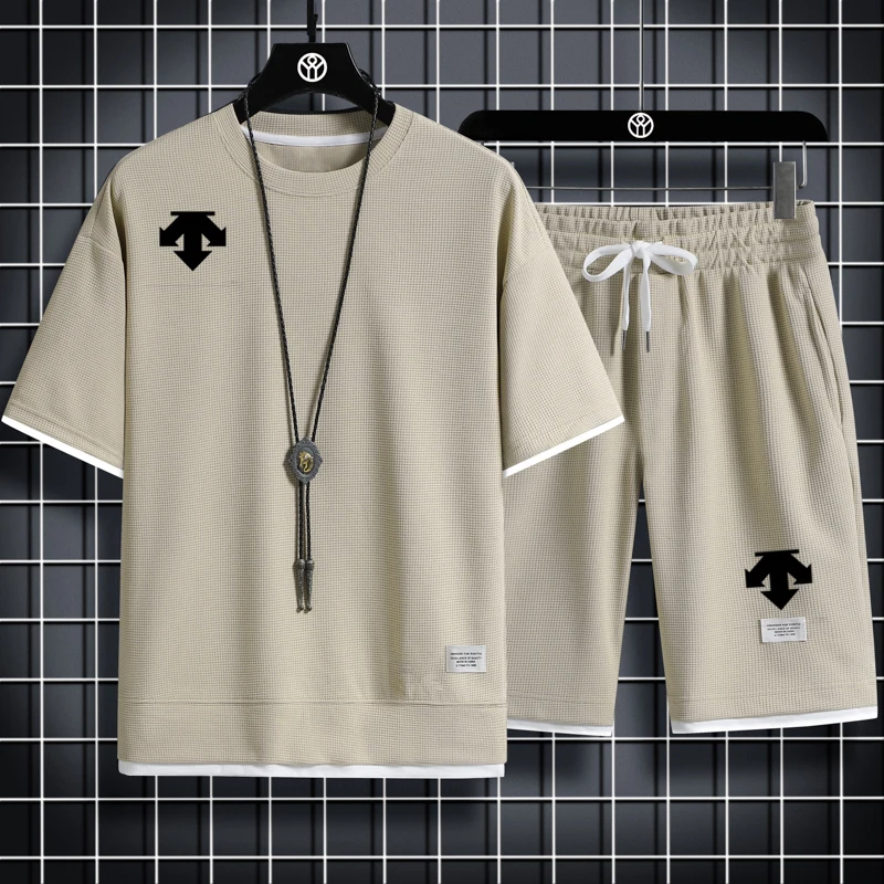 2023 Summer DESCENT Men's Two Piece Set Linen Fabric Casual T-Shirt + Shorts Set Mens Sports Suit Fashion Short Sleeve Tracksuit