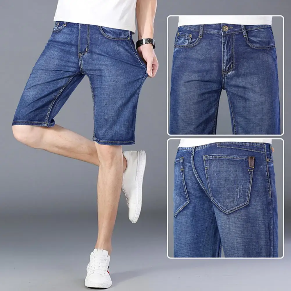 

Thin Trendy Zipper Fly Button Short Jeans Cool Men Short Jeans Mid Waist for Daily Wear