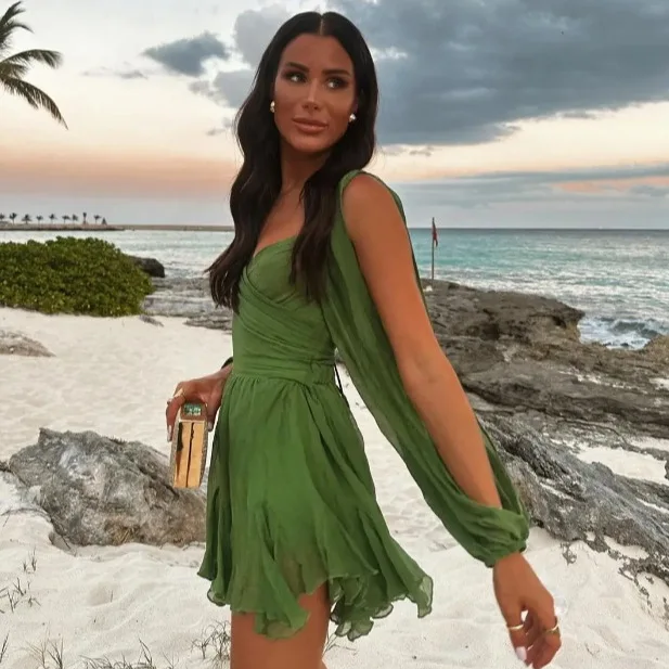 Женское ажурное мини-платье с рукавами-фонариками соблазнительное однотонное