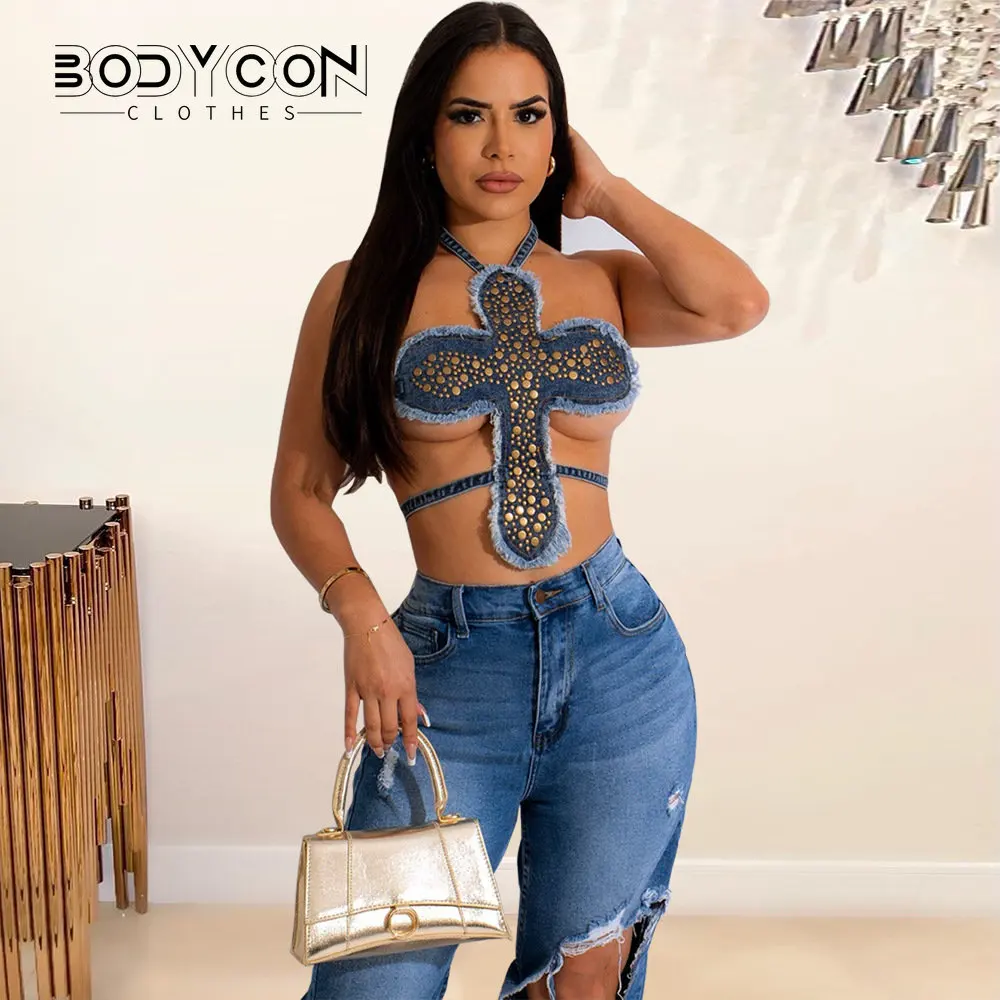 

BODYCON Women Sexy Party Beading Halter Neck Backless Cross Criss Denim Crop Top 2023 Summer INS Fashion Evening Club Camis Tank