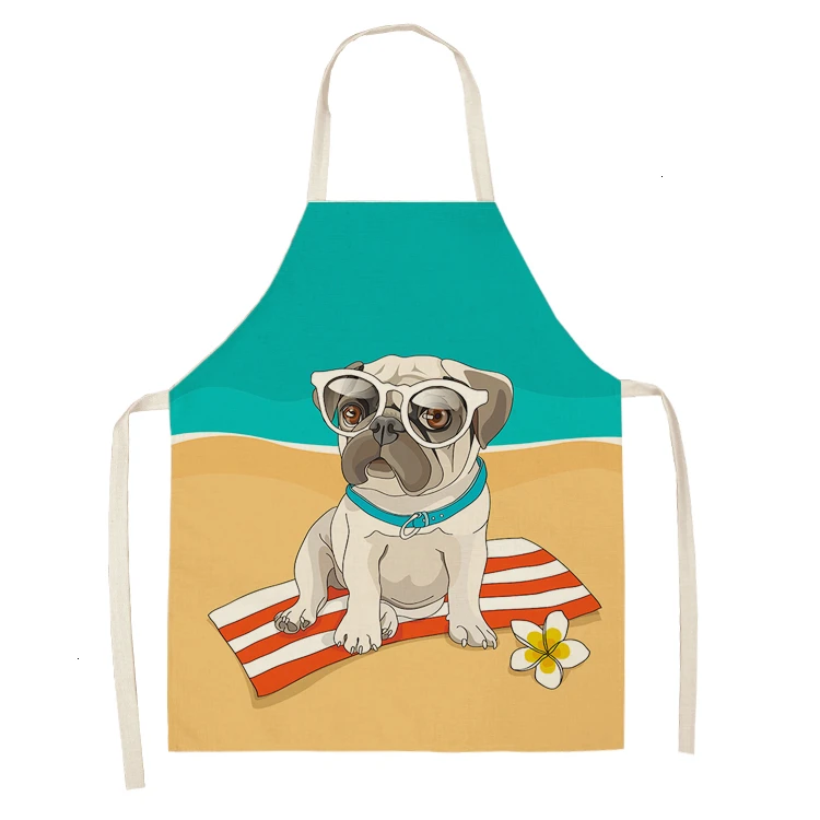 

Cute Dog Pug Print Linen Sleeveless Apron Kitchen Waterproof Stain Resistant Apron Women Home Cooking Baking Waist Bib Kitchen
