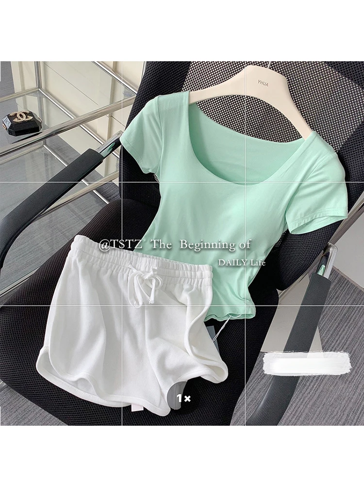 2022 Летний Тонкий спортивный жилет сексуальный женский короткий рукав U-образный