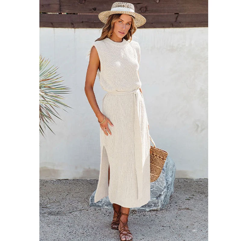 

Женское длинное платье в стиле бохо, с круглым вырезом, без рукавов