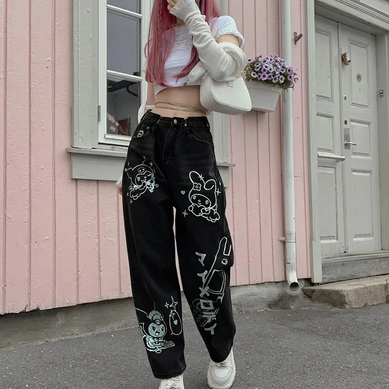 

Goth Eyelet Buckle Black Punk Goth Jean Fashion Woman Techwear Dark Academic Print E Girl Cargo Pants Low Waist Denim Pants