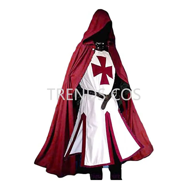 Medieval Crusader Knights Templar Tunic Costumes Renaissance Halloween Surcoat Warrior Plague Top+Cloak(Waist Belt Not Included）