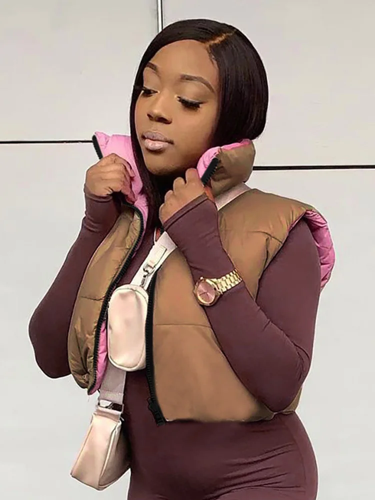 Autumn Winter Fashion Sleeveless Short Vest For Women Clothes Streetwear Zipper Stand-up Collar Coat Color Clash Two Wear Jacket