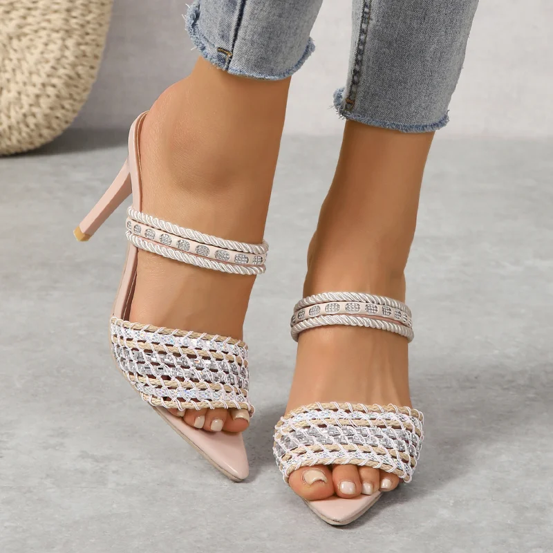 2023 New Fashion Mesh Thin Heels Ladies Shoes Pointed Toed Women Slippers Summer Sexy Women's Shoes Women Sandals Zapatos Mujer