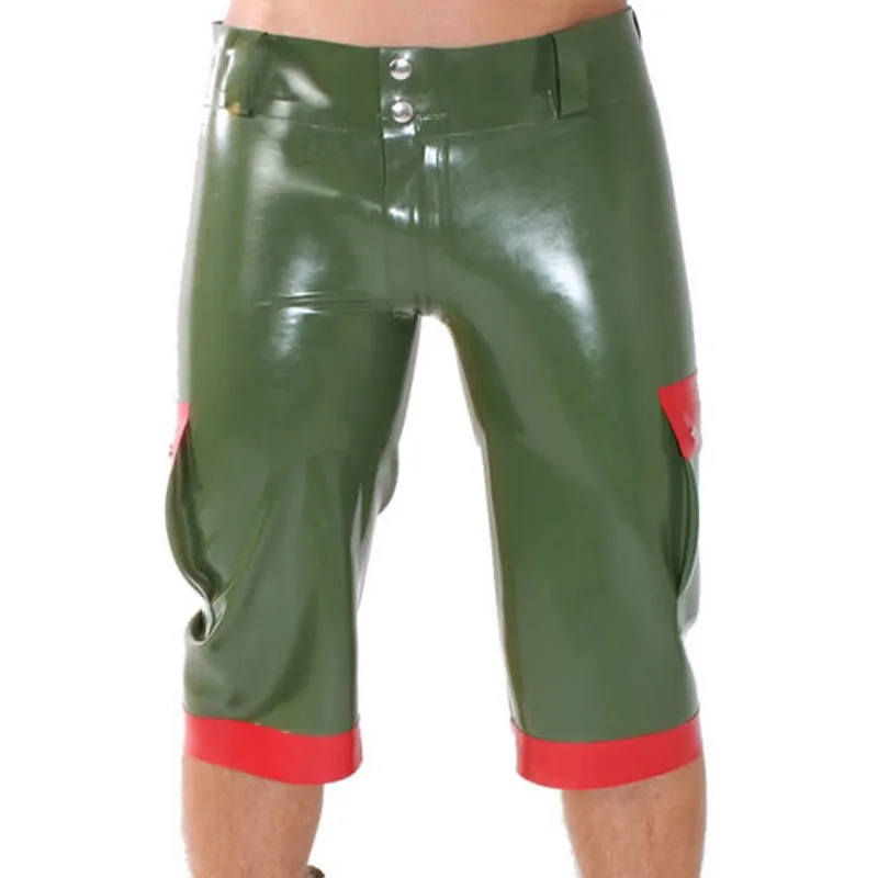 

Olive Green And Red Military Long Latex Boxer Shorts With Pockets Buttons Zippers Rubber Trousers Pants DK-0224