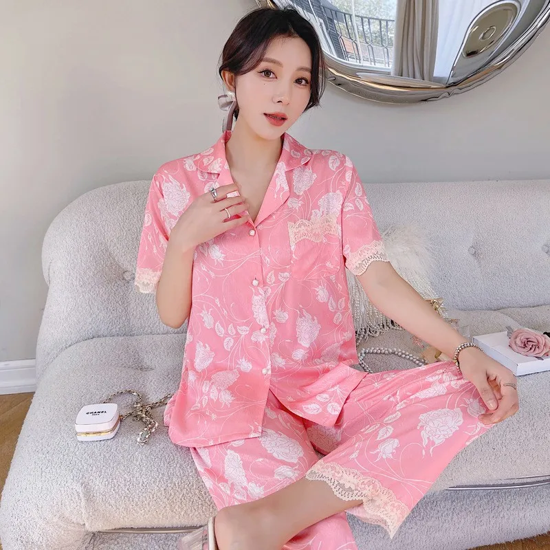 2023 Summer New Pajamas Suit Women's Ice Silk Short Sleeve Trousers Lace Suit Can Be Outerwear Homewear