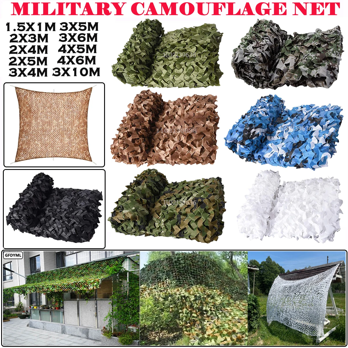 Filet de camouflage militaire  pour chasse  jardin  gazébo  auvent de voiture  blanc  vert  noir