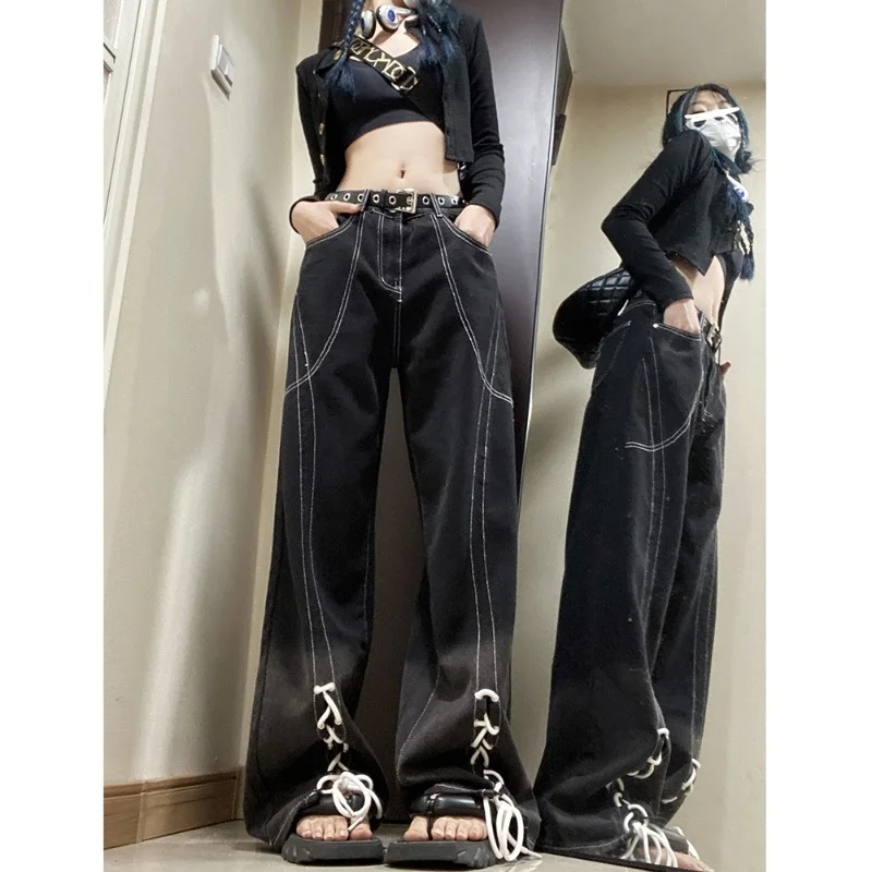 

American Bandaged Jeans For Women In Autumn And Winter New High Waist DesignVersatile, Loose Straight Wide Leg Trousers