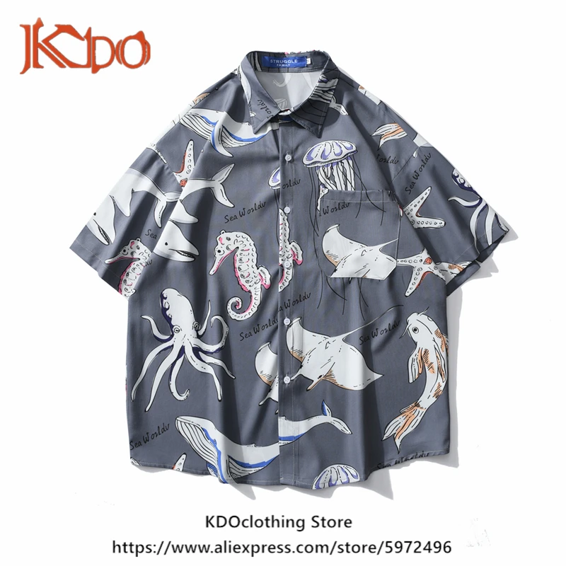 

INS Summer Men's Shirt Loose Street BF Style Couple BrandUnderwater World Printed Short-Sleeved Tops Japanese Fashion Harajuku
