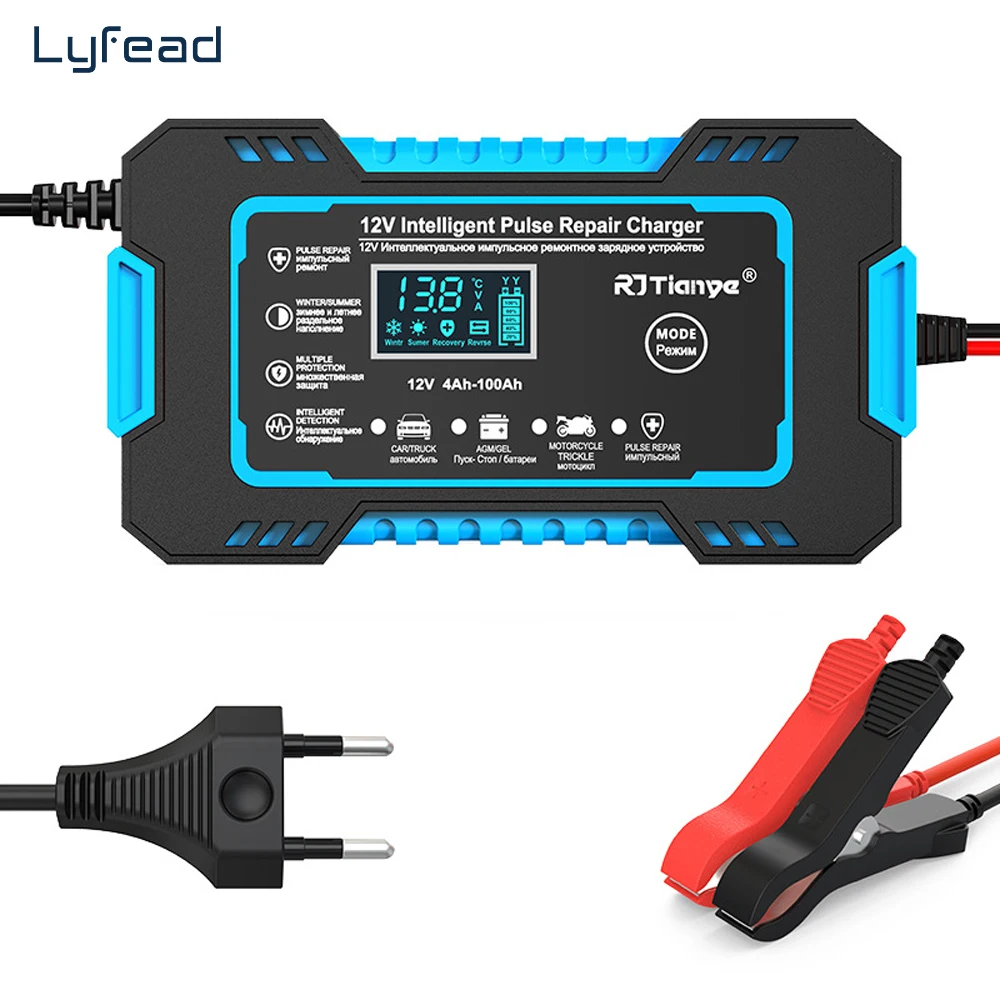 Lyfead 12V Car Motorcycle Battery Charger LCD Display Smart Fast Charge AGM Deep cycle GEL Lead-Acid Charger
