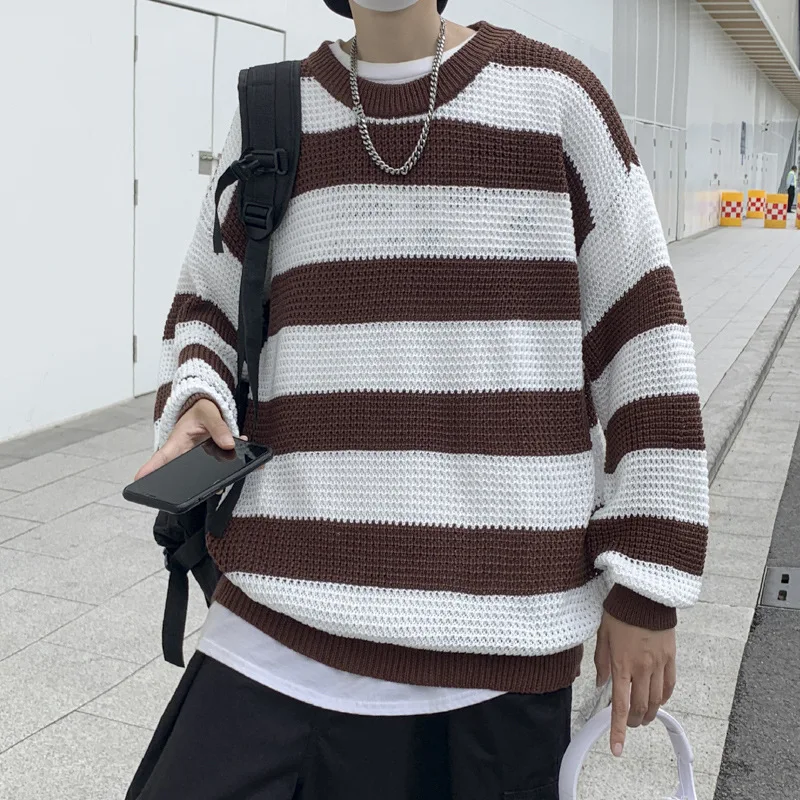 

ZCSMLL Round Collar Long Sleeve Stripe Sweater Men's Autumn Winter Korean Loose Hip Hop Versatile Crew Neck Knitwear Tops