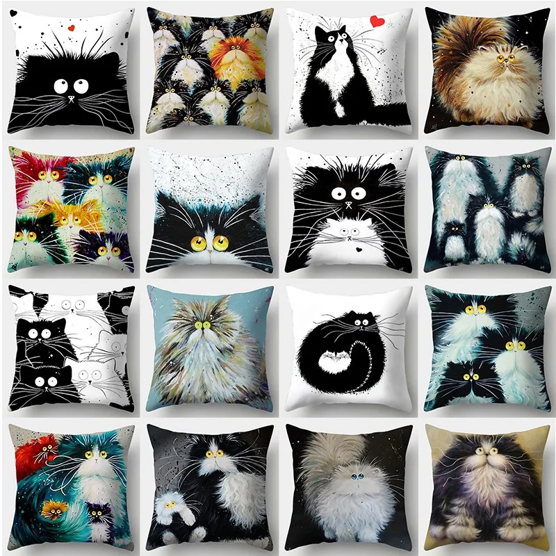 

Cute Cat Pattern Home Decor Pillowcase Square Printed Pillowcase Watercolor Love Cat Home Sofa Decor Pillowcase