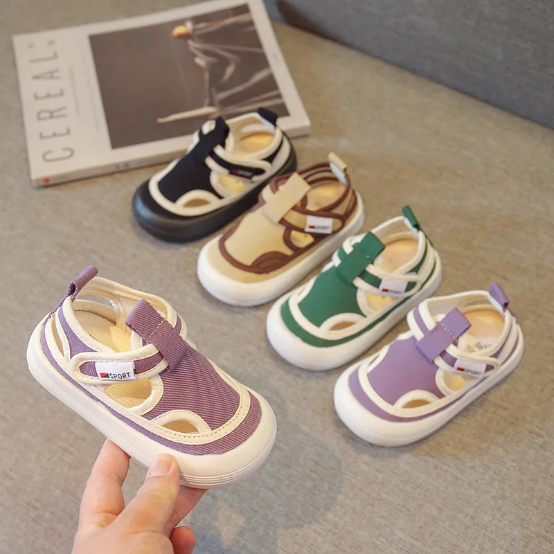 

Сандалии с закрытым носком для мальчиков и девочек, Детские холщовые босоножки с вырезами, летняя обувь для начинающих ходить детей