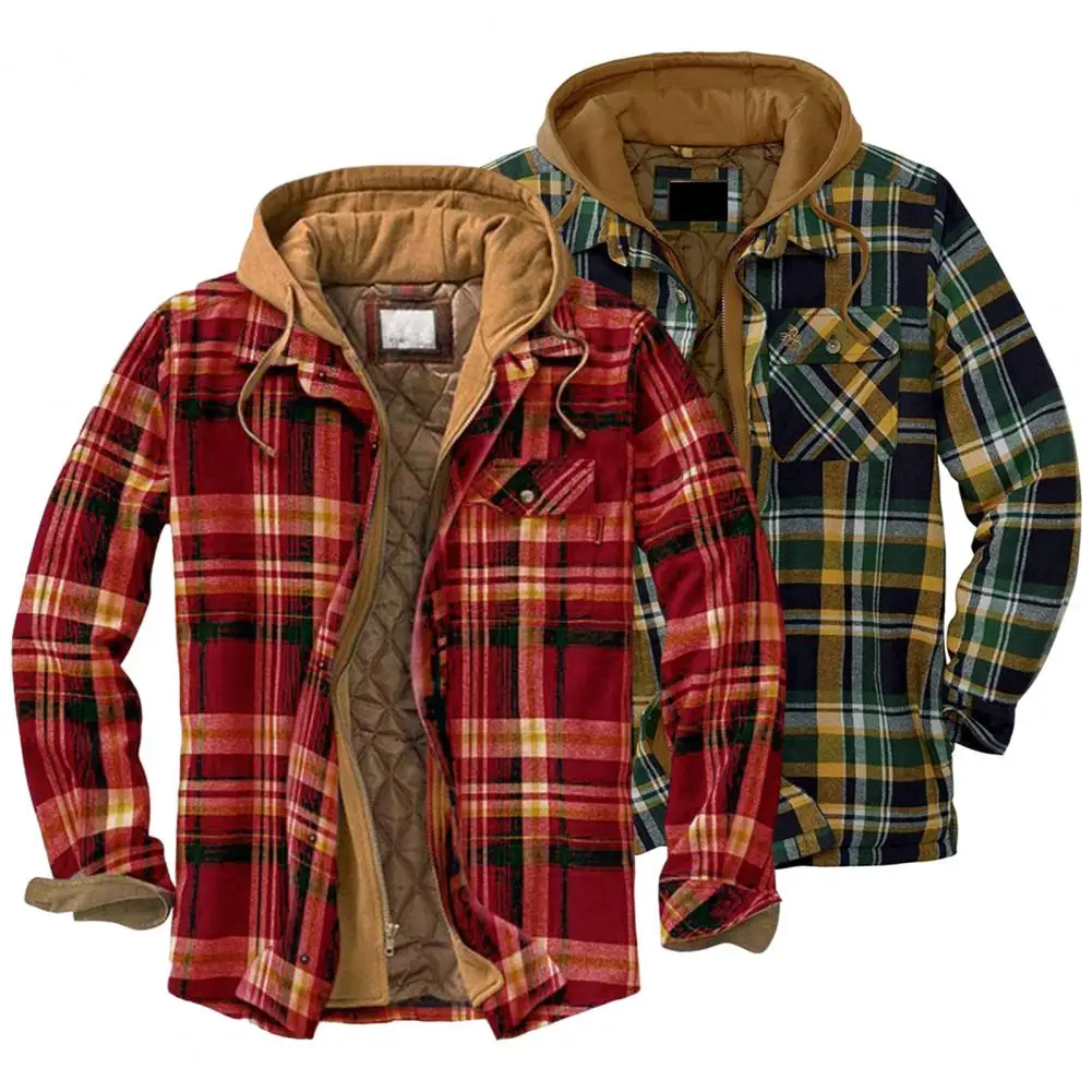 

Casual Men Hoodie Autumn Winter Men Coat Plaid Drawstring Quilted Shirt Jacket Coldproof