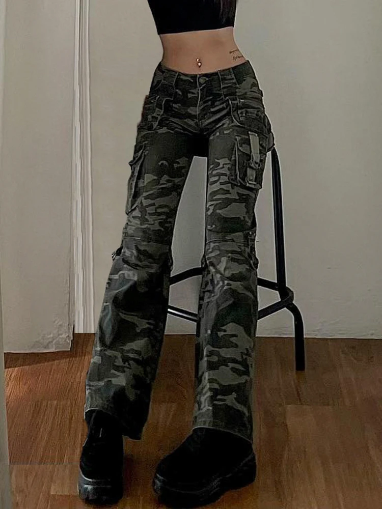 

Harajuku Camouflage Cargo Jeans Pockets Vintage Y2K Chic Fashion Trousers 90s Women Aesthetic Cute Straight Pants