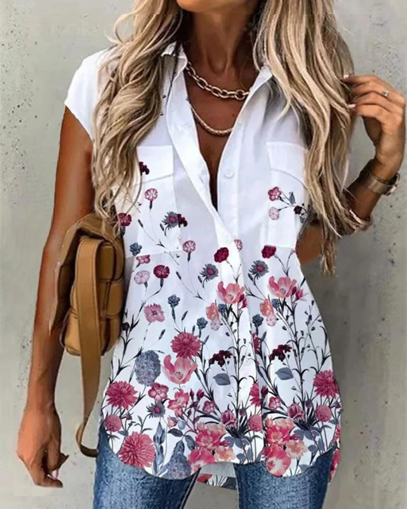 

Summer Casual Short Sleeve Printing T-Shirts Fashion Loose Pocket Single-breasted Tops For Women