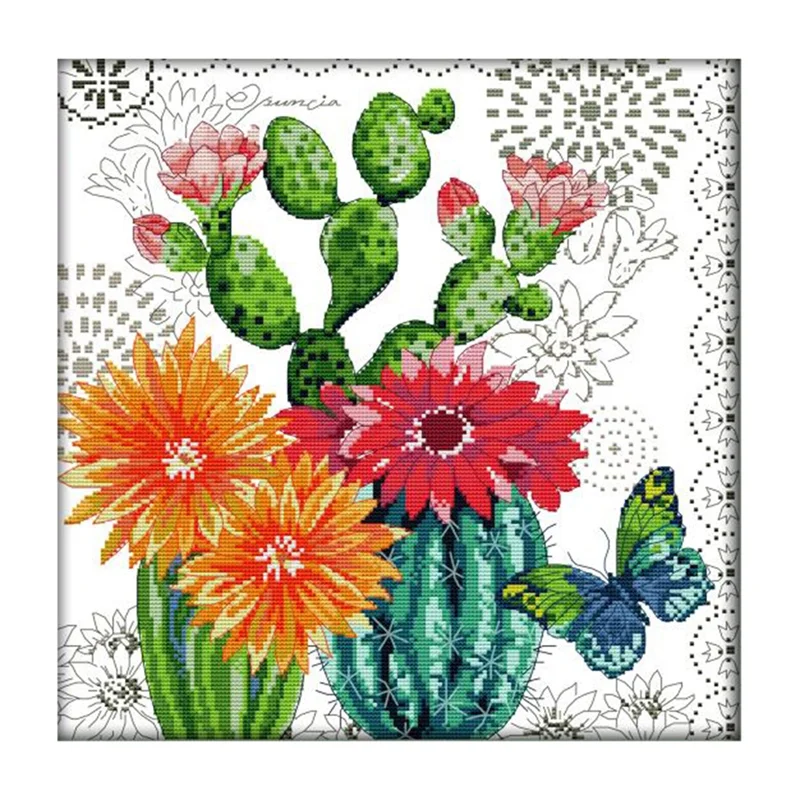 

Cross Stitch Stamped Kits 14CT Printed Embroidery Cloth Needlepoint Kits Easy Patterns For Beginners Prickly Pear Flower