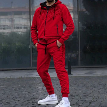 Fashion Drawstring Hooded Sweatshirt Top + Long Pant Tracksuit Men's Long Sleeve Print Suits Autumn Winter Men Two Piece Set 1