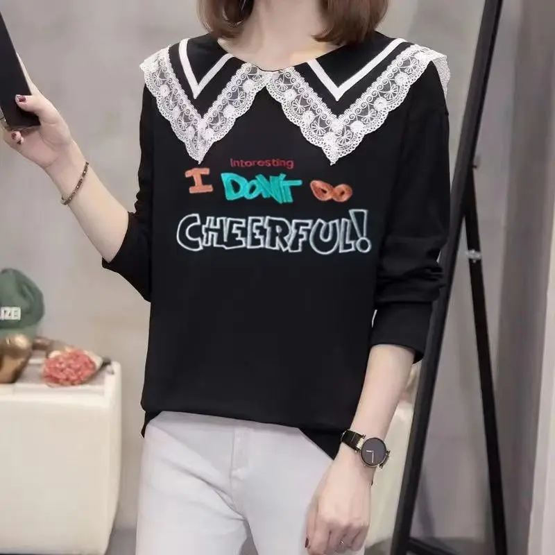 Кружевная футболка с вышивкой милого Питера Пэна женская одежда Новинка осени 2023