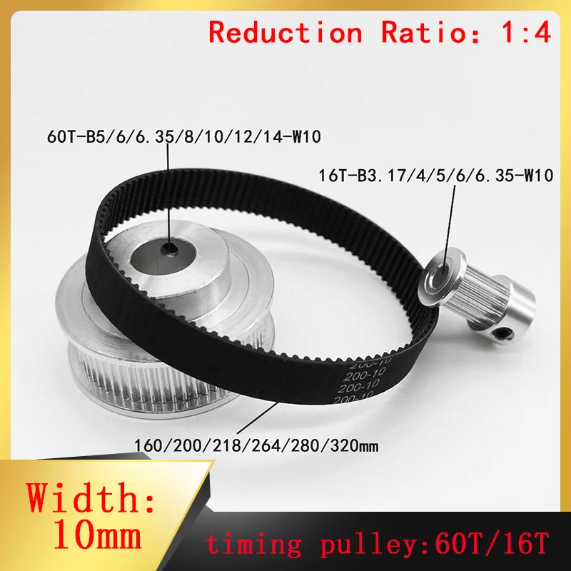 

Timing Pulley Set GT2 60T 16 Teeth Reduction 4:1 Belt Kit Aperture 3.17-14mm Belt Width 10mm Tensioner Synchronous Belt Kit