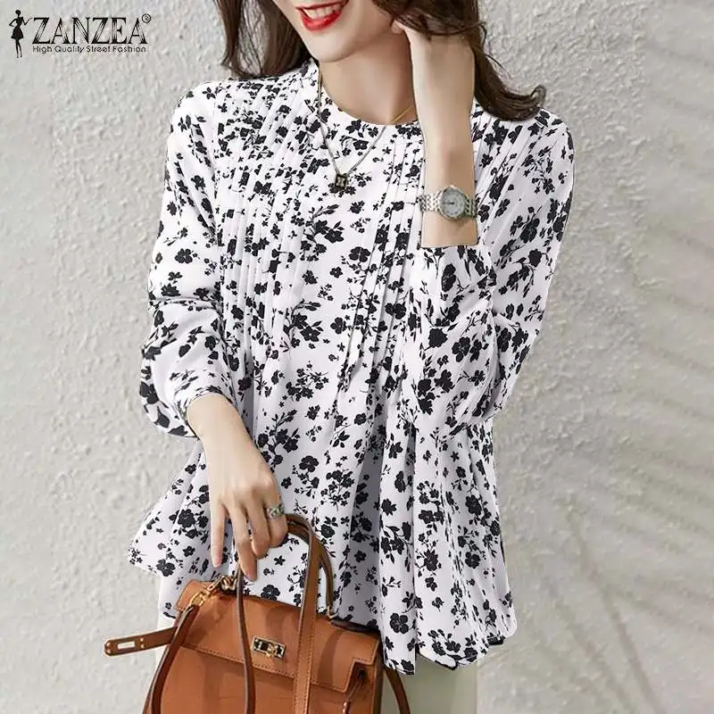 

Floral Printed Tunic Top 2022 Bohemian Blouse Women Casual Long Sleeve O Neck Shirt ZANZEA Elegant Printed Pleated Chemise Femme