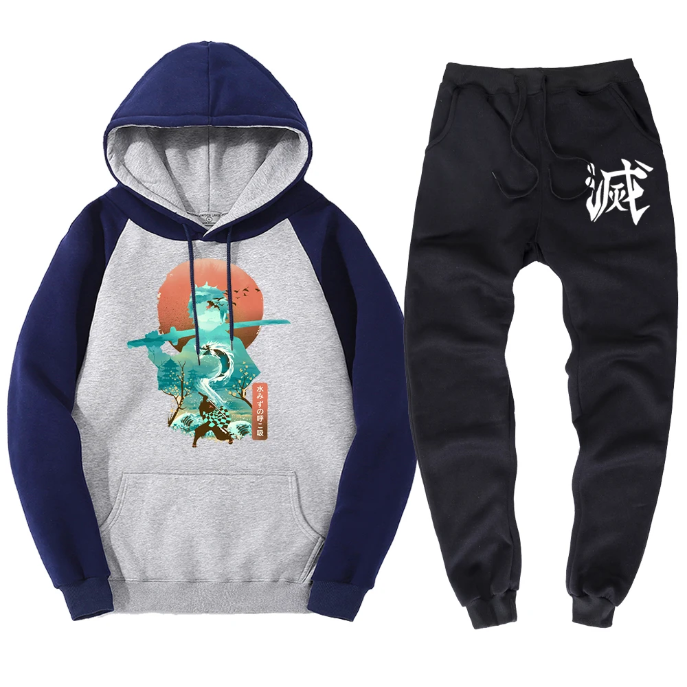 

Demon Slayer Anime Water Breath Men Hoody Pants Korean High Quality Street Casual Hooded Suits Hipster Loose Men's Sportswear