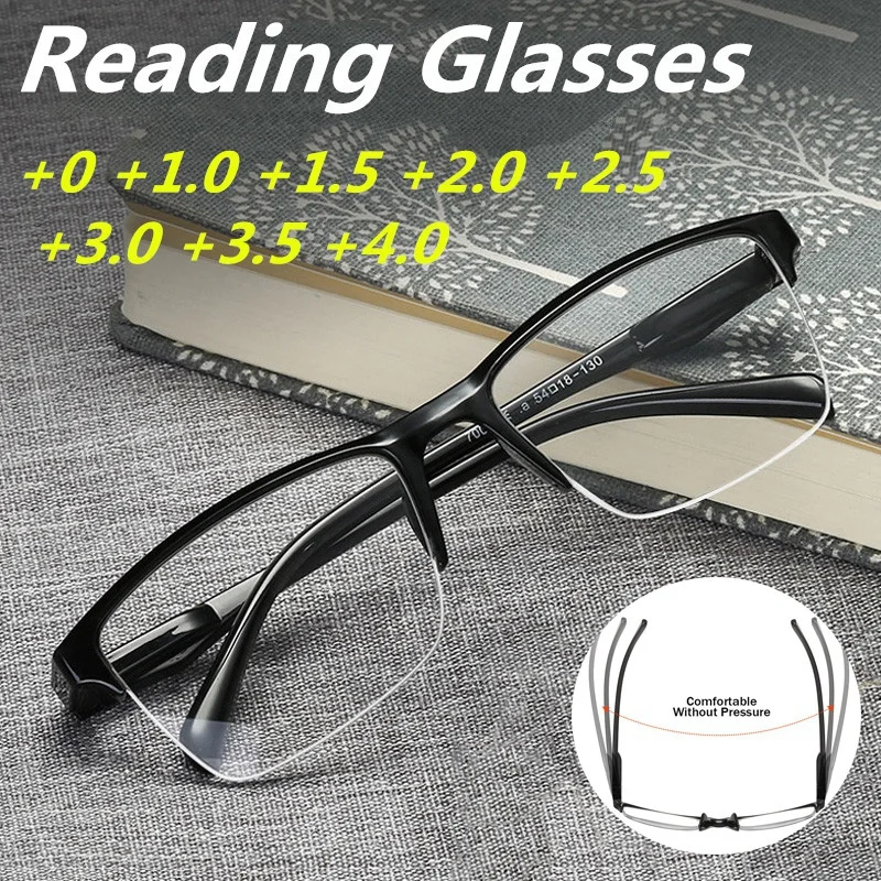 

Half Frame Reading Black Glasses Presbyopic Eyeglasses Male Female Far Sight Glasses with Strength +75 To +400 Business Office