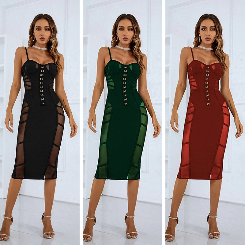 New Bandeau Backless V Camisole Party Club Tight Bandage Dress Women Celebrity Sexy Sleeveless Snap Cute Dress Retro Style